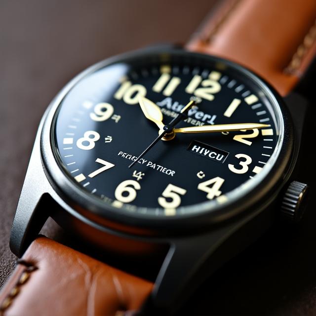 Close-up of a pilot watch from the Aviator Series, highlighting its large numerals and leather strap.