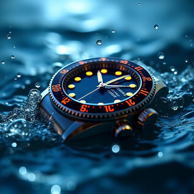 A professional dive watch partially submerged in water, showing its glowing markers.