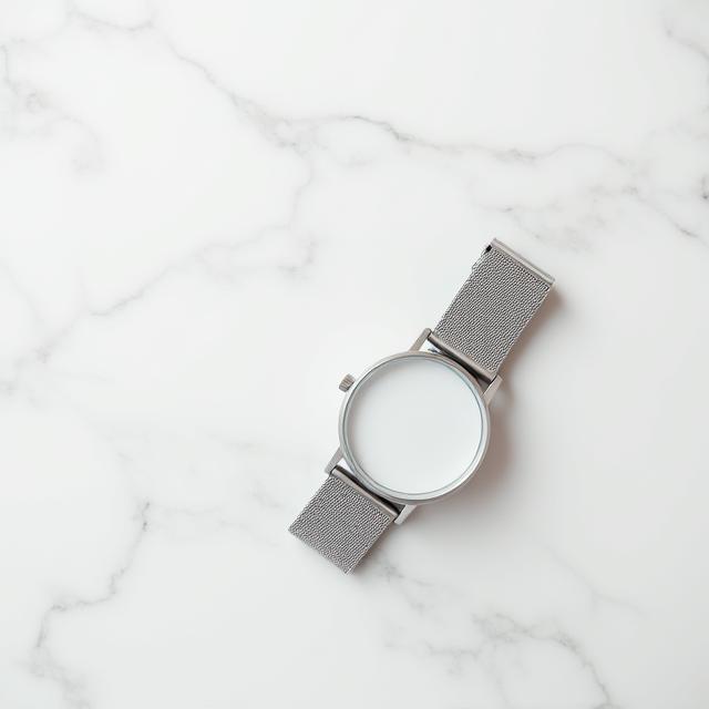 A minimalist watch with a clean white dial and a simple mesh strap, resting on a marble surface.