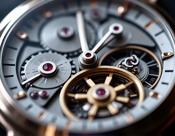 An intricate view of an automatic watch movement with its gears and rotor.