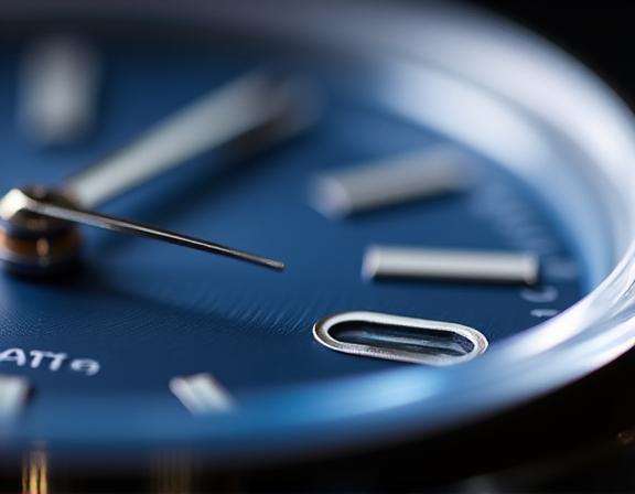 A macro shot showing the edge of a scratch-resistant sapphire crystal on a watch face.