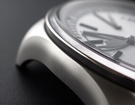 The polished side of a 316L stainless steel watch case, reflecting light.