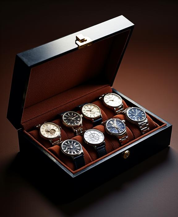An elegant watch box open to reveal several distinct timepieces.
