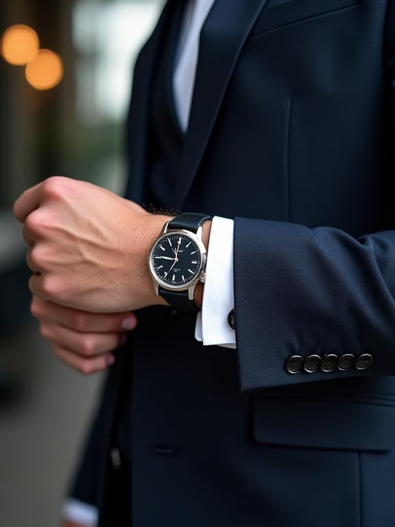 A man in a business suit adjusting his cuff, revealing a classic dress watch.