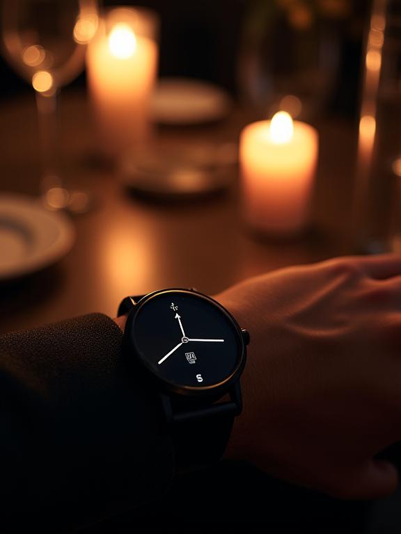 Close-up of a minimalist watch on a wrist at a dimly lit, upscale restaurant.