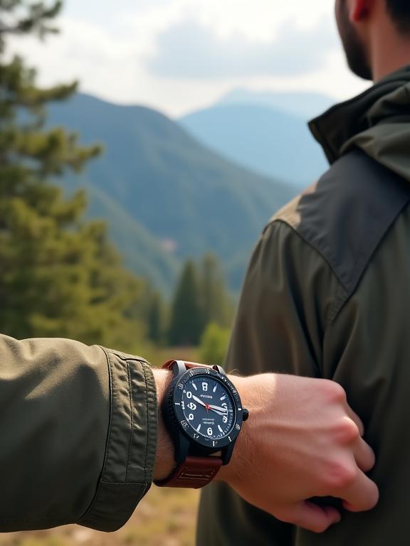 A man in a casual outfit looking out at a scenic view, with a versatile field watch on his wrist.